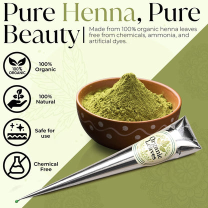 Organic Leaves Henna Cones 3 x 30g Pack – 100% Natural, Chemical-Free, Ready-to-Use Pre-Filled Cones for Rich, Long-Lasting Reddish Brown Color