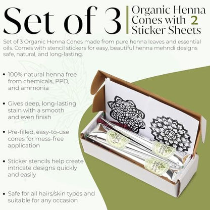 Organic Leaves Henna Cones 3 x 30g Pack – 100% Natural, Chemical-Free, Ready-to-Use Pre-Filled Cones for Rich, Long-Lasting Reddish Brown Color