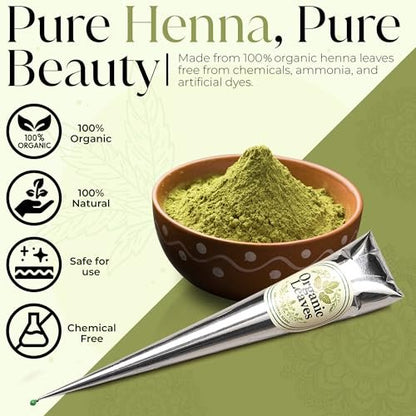 Organic Leaves Henna Cones 3 x 30g Pack – 100% Natural, Chemical-Free, Ready-to-Use Pre-Filled Cones for Rich, Long-Lasting Reddish Brown Color
