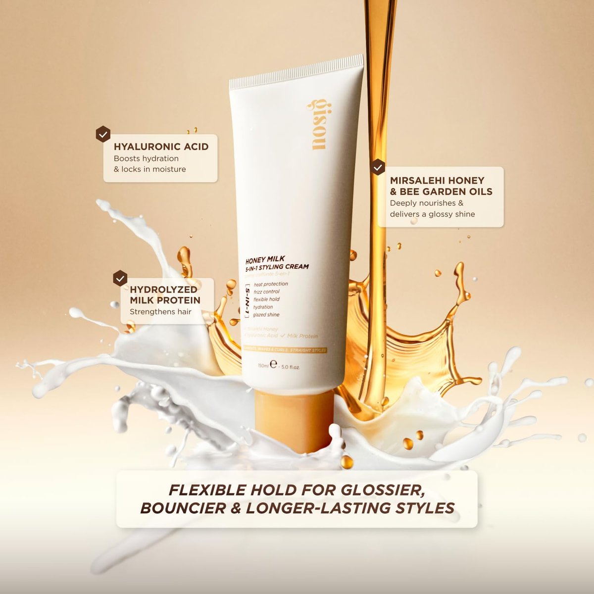 Gisou Honey Milk 5-in-1 Styling Cream – Heat Protection, Hydration, Frizz Control, Glazed Shine & Flexible Hold with Mirsalehi Honey & Hydrolyzed Milk Protein, 5.0 fl oz Avelisse