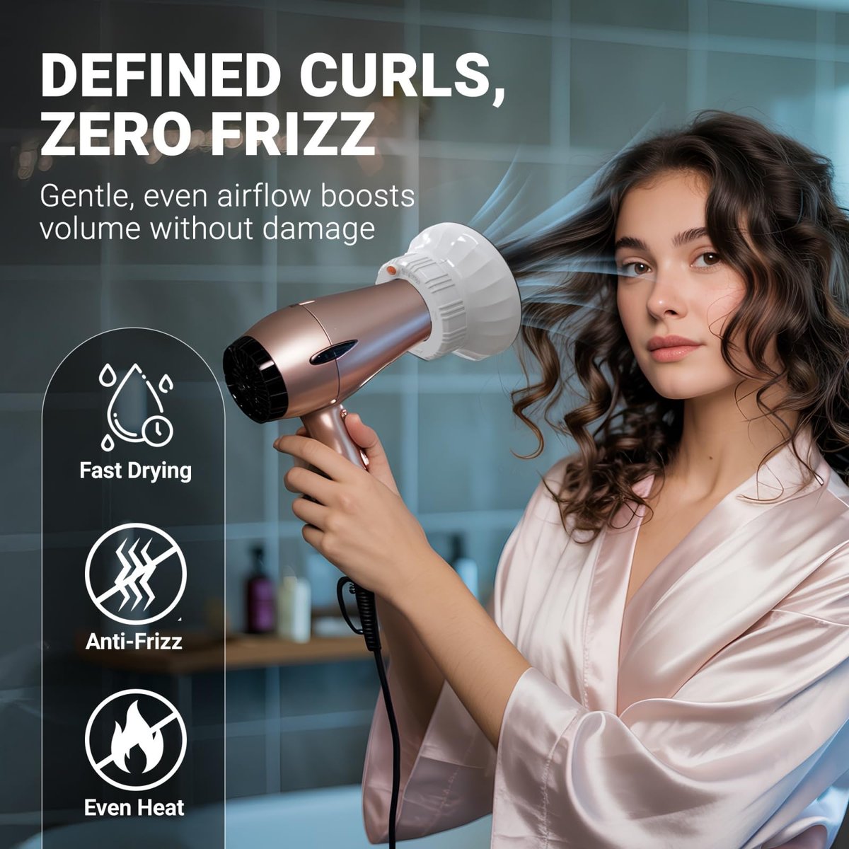 Evalunira Universal Hair Diffuser Attachment for Curly & Wavy Hair – Fits 1.4-2.4 Inch Nozzles, Ideal for Long Thick Hair, White Avelisse