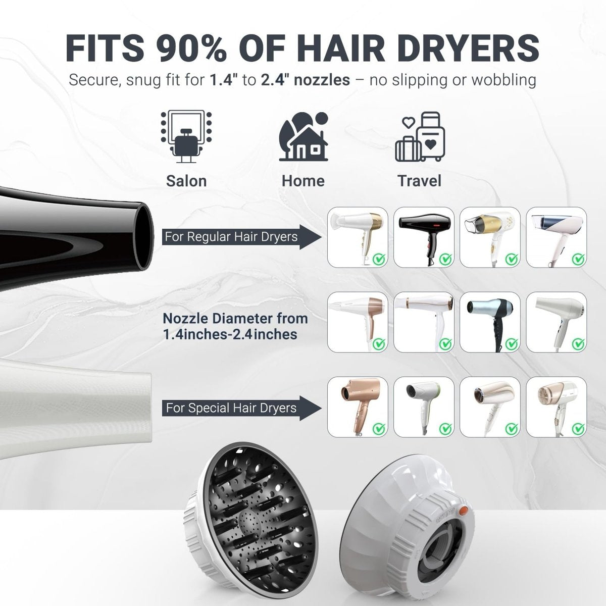Evalunira Universal Hair Diffuser Attachment for Curly & Wavy Hair – Fits 1.4-2.4 Inch Nozzles, Ideal for Long Thick Hair, White Avelisse