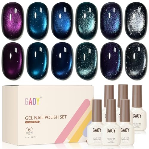 GAOY Glitter Cat Eye Gel Nail Polish Set with Magnet - 6 Colors Purple Blue Black Glitter Holography, Long Lasting for Nail Art at Home & Salon Manicure (Starlight Night) Avelisse