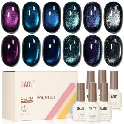 GAOY Glitter Cat Eye Gel Nail Polish Set with Magnet - 6 Colors Purple Blue Black Glitter Holography, Long Lasting for Nail Art at Home & Salon Manicure (Starlight Night) Avelisse