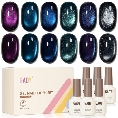 GAOY Glitter Cat Eye Gel Nail Polish Set with Magnet - 6 Colors Purple Blue Black Glitter Holography, Long Lasting for Nail Art at Home & Salon Manicure (Starlight Night) Avelisse