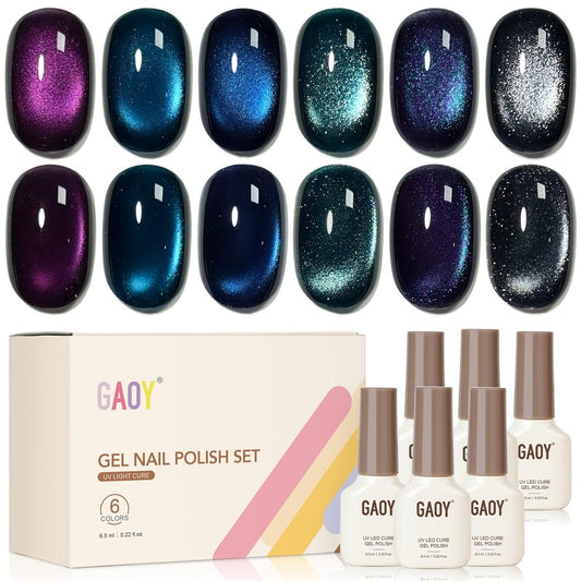 GAOY Glitter Cat Eye Gel Nail Polish Set with Magnet - 6 Colors Purple Blue Black Glitter Holography, Long Lasting for Nail Art at Home & Salon Manicure (Starlight Night) Avelisse
