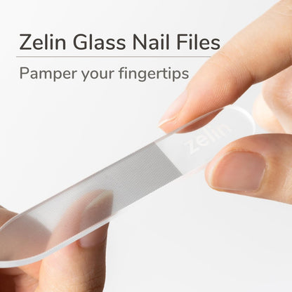 zelin Premium Glass Nail File for Natural Nails with Leather Case - 3 Pcs Single-Sided Crystal Nail Files for Stronger, Smoother Nails, Reusable Manicure Tool, Ideal Valentine's Day Gifts for Her