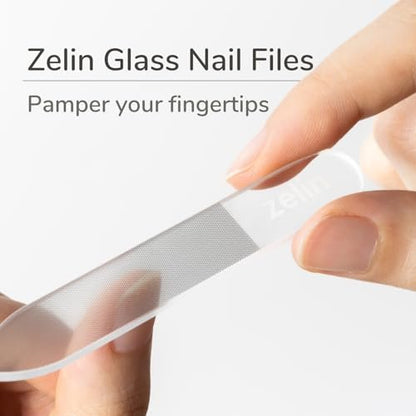 zelin Premium Glass Nail File for Natural Nails with Leather Case - 3 Pcs Single-Sided Crystal Nail Files for Stronger, Smoother Nails, Reusable Manicure Tool, Ideal Valentine's Day Gifts for Her