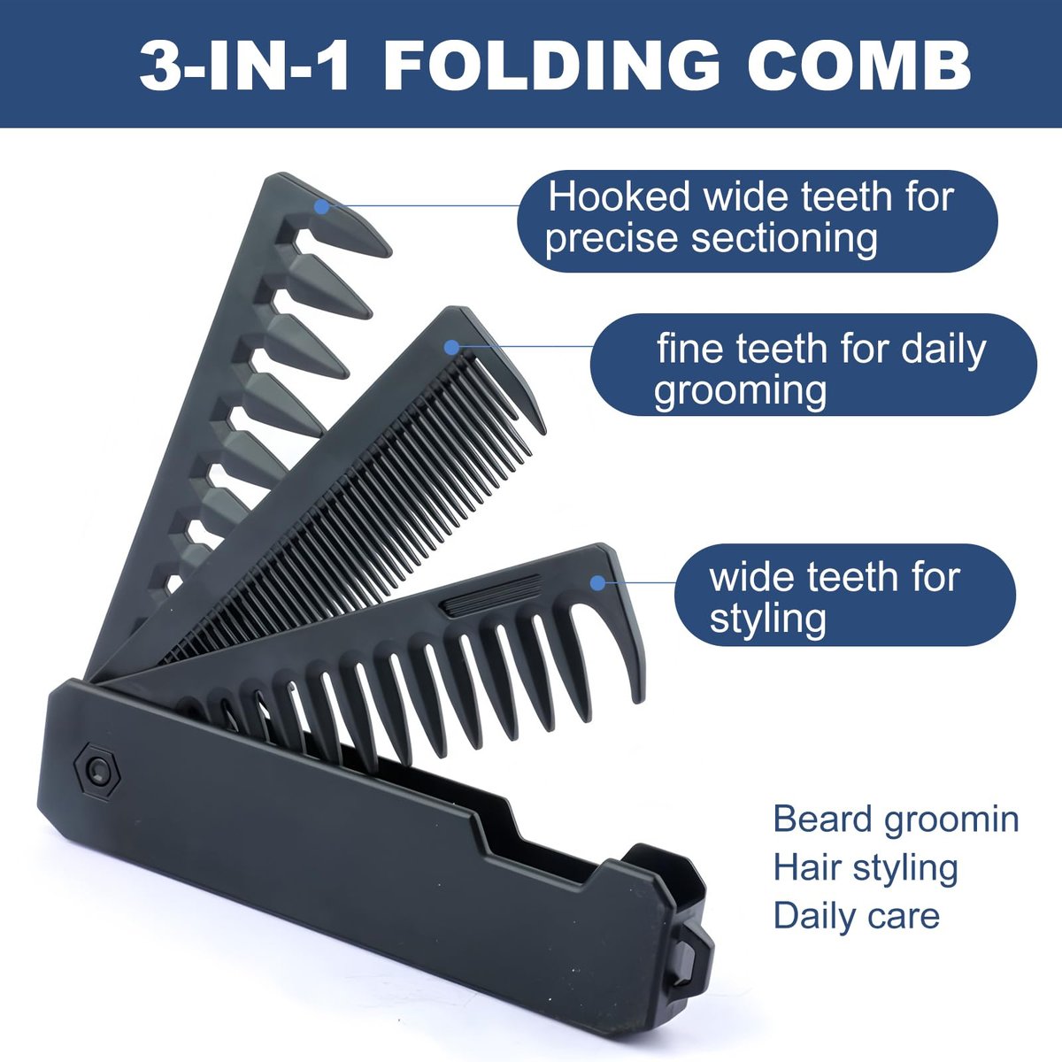 KAIOULU 3-in-1 Men's Portable Folding Hair Comb - Fine & Wide Tooth, Foldable Design for Travel, Daily Grooming - görsel 7