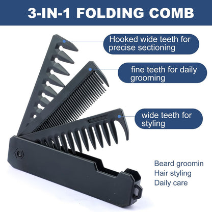 KAIOULU 3-in-1 Men's Portable Folding Hair Comb - Fine & Wide Tooth, Foldable Design for Travel, Daily Grooming