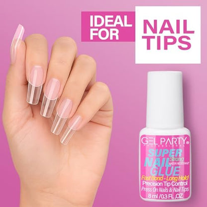 GELPARTY Super Strong Brush On Nail Glue for Press-On Nails & Tips – Quick Dry Clear Acrylic Nail Adhesive (8ml) – Long-Lasting, Easy Application