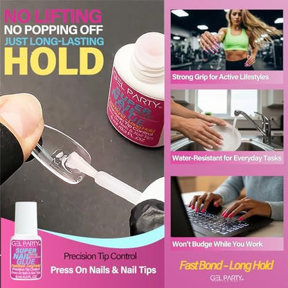 GELPARTY Super Strong Brush On Nail Glue for Press-On Nails & Tips – Quick Dry Clear Acrylic Nail Adhesive (8ml) – Long-Lasting, Easy Application
