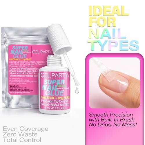 GELPARTY Super Strong Brush On Nail Glue for Press-On Nails & Tips – Quick Dry Clear Acrylic Nail Adhesive (8ml) – Long-Lasting, Easy Application - görsel 14