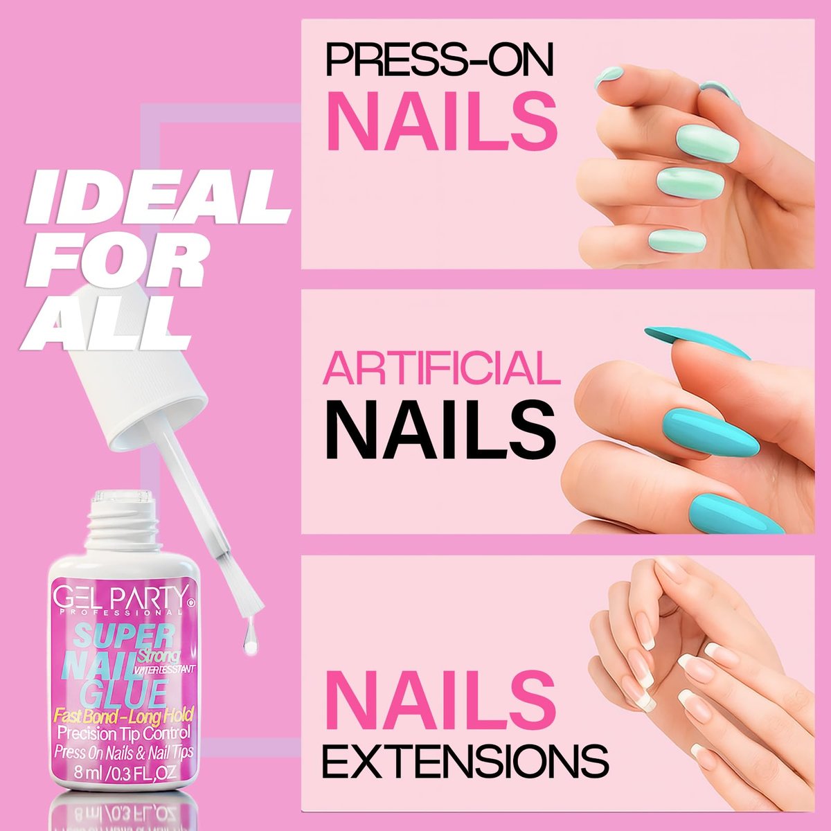 GELPARTY Super Strong Brush On Nail Glue for Press-On Nails & Tips – Quick Dry Clear Acrylic Nail Adhesive (8ml) – Long-Lasting, Easy Application - görsel 9