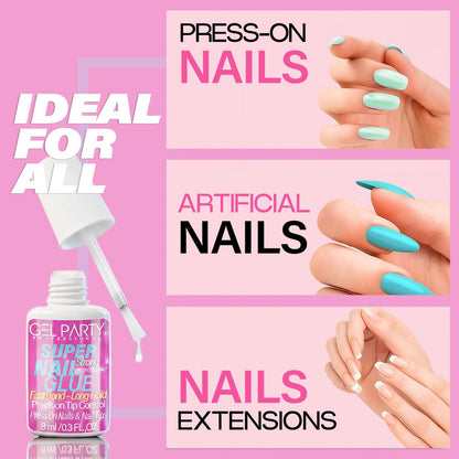 GELPARTY Super Strong Brush On Nail Glue for Press-On Nails & Tips – Quick Dry Clear Acrylic Nail Adhesive (8ml) – Long-Lasting, Easy Application