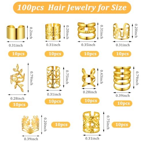 Ouligay 100 PCS Gold Hair Cuffs for Braids - Adjustable Metal Hair Clips for Dreadlocks, Loc Jewelry, 10 Styles - görsel 4