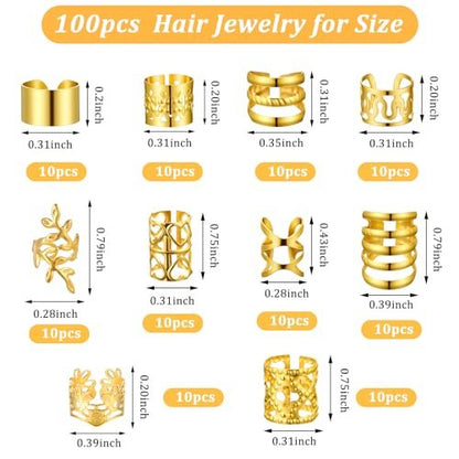 Ouligay 100 PCS Gold Hair Cuffs for Braids - Adjustable Metal Hair Clips for Dreadlocks, Loc Jewelry, 10 Styles