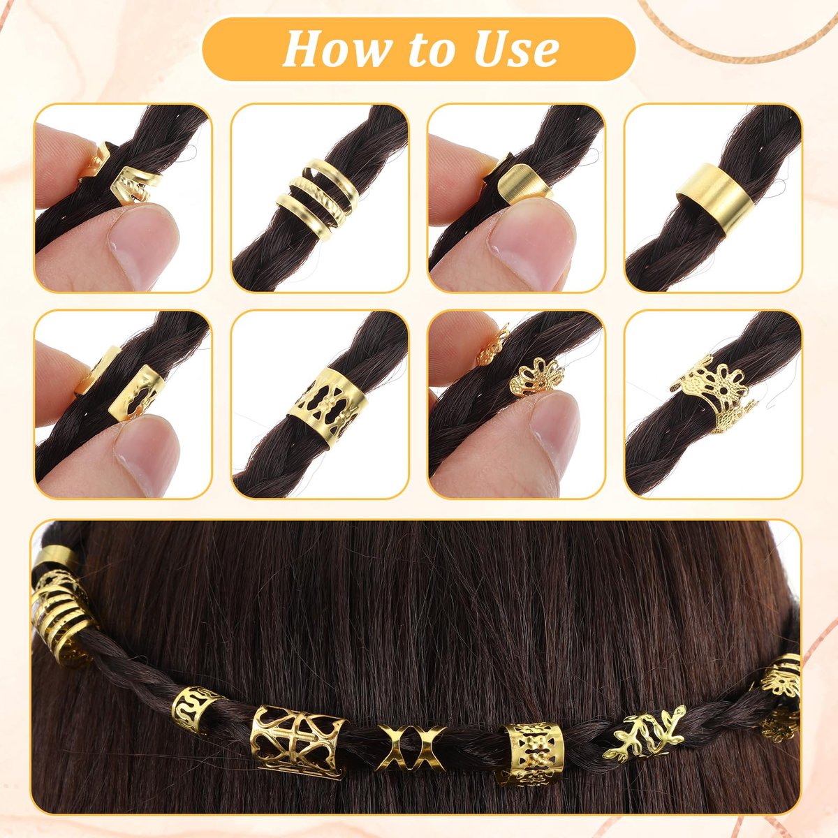 Ouligay 100 PCS Gold Hair Cuffs for Braids - Adjustable Metal Hair Clips for Dreadlocks, Loc Jewelry, 10 Styles - görsel 5