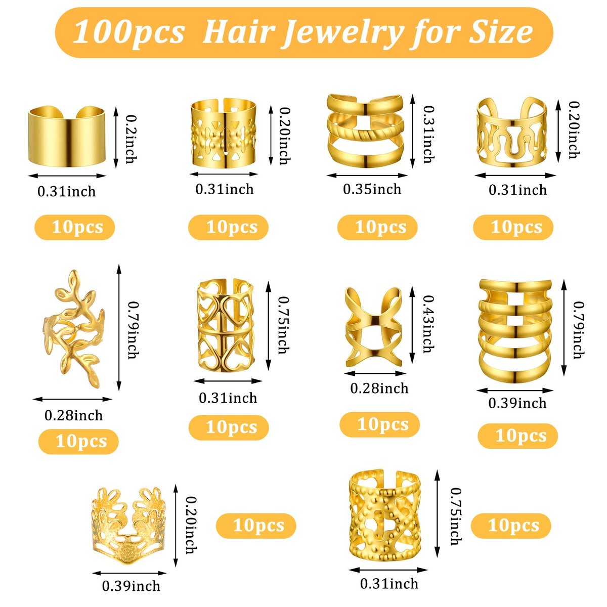 Ouligay 100 PCS Gold Hair Cuffs for Braids - Adjustable Metal Hair Clips for Dreadlocks, Loc Jewelry, 10 Styles - görsel 3