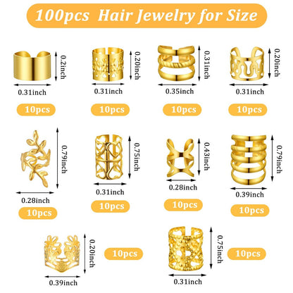 Ouligay 100 PCS Gold Hair Cuffs for Braids - Adjustable Metal Hair Clips for Dreadlocks, Loc Jewelry, 10 Styles