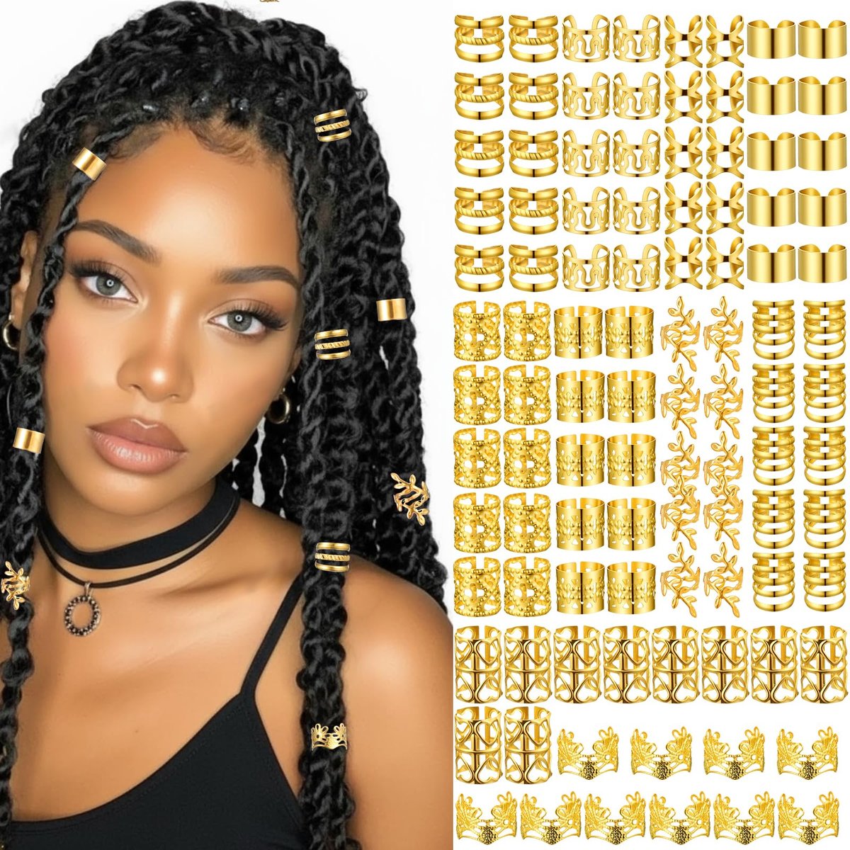 Ouligay 100 PCS Gold Hair Cuffs for Braids - Adjustable Metal Hair Clips for Dreadlocks, Loc Jewelry, 10 Styles - görsel 1