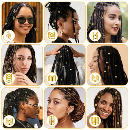 Ouligay 100 PCS Gold Hair Cuffs for Braids - Adjustable Metal Hair Clips for Dreadlocks, Loc Jewelry, 10 Styles