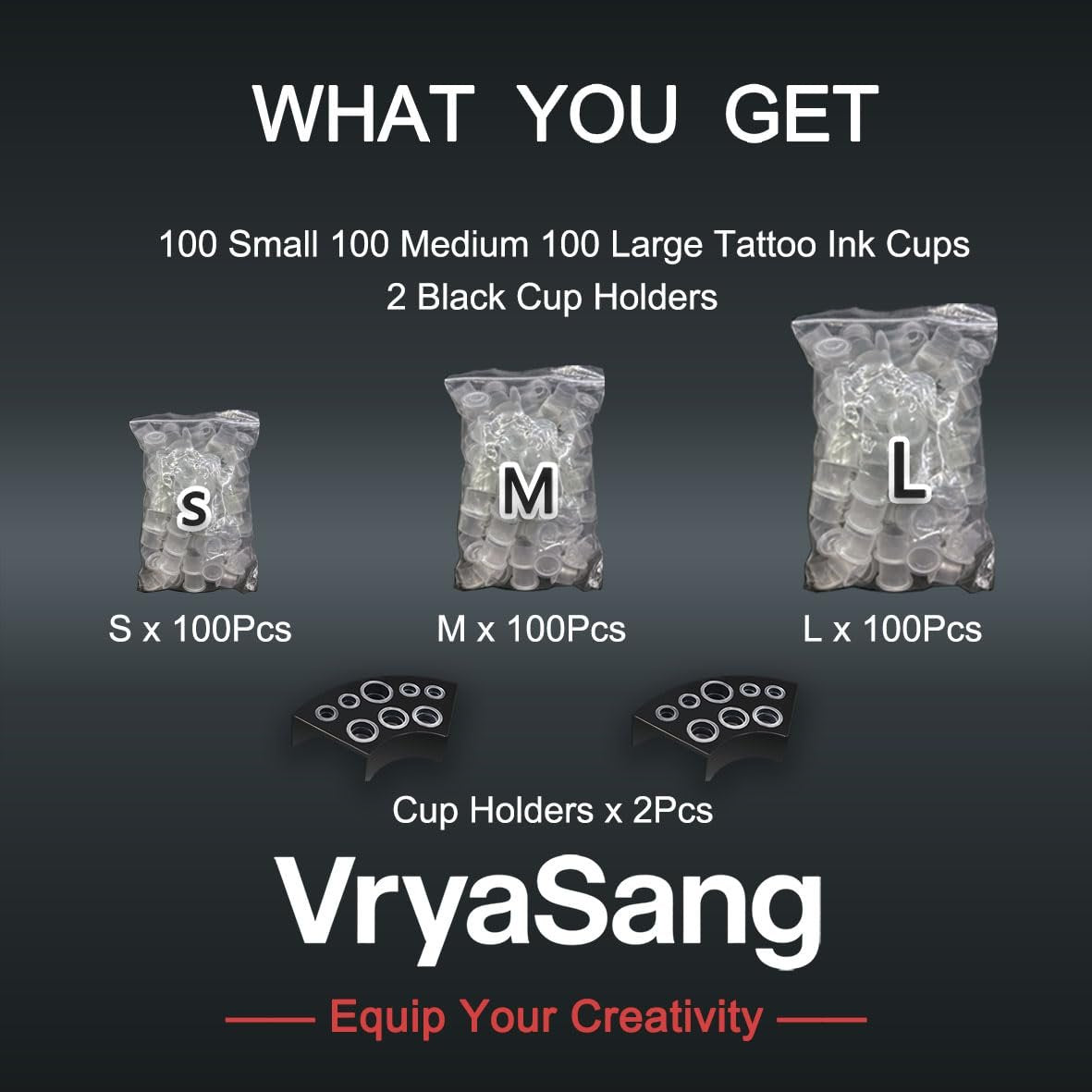 VryaSang 302pcs Tattoo Ink Caps Kit - 100 Small, 100 Medium, 100 Large Ink Cups + 2 Black Cup Holders for Permanent Makeup Container, Tattoo Accessory Supplies - görsel 5