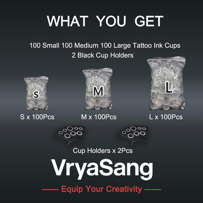 VryaSang 302pcs Tattoo Ink Caps Kit - 100 Small, 100 Medium, 100 Large Ink Cups + 2 Black Cup Holders for Permanent Makeup Container, Tattoo Accessory Supplies