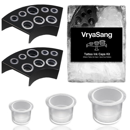 VryaSang 302pcs Tattoo Ink Caps Kit - 100 Small, 100 Medium, 100 Large Ink Cups + 2 Black Cup Holders for Permanent Makeup Container, Tattoo Accessory Supplies