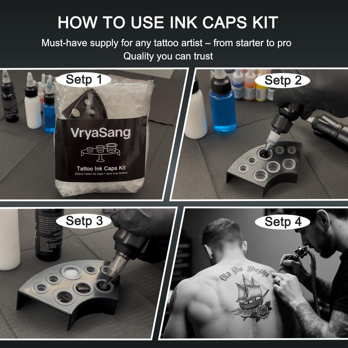 VryaSang 302pcs Tattoo Ink Caps Kit - 100 Small, 100 Medium, 100 Large Ink Cups + 2 Black Cup Holders for Permanent Makeup Container, Tattoo Accessory Supplies - görsel 7