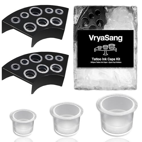 VryaSang 302pcs Tattoo Ink Caps Kit - 100 Small, 100 Medium, 100 Large Ink Cups + 2 Black Cup Holders for Permanent Makeup Container, Tattoo Accessory Supplies - görsel 2