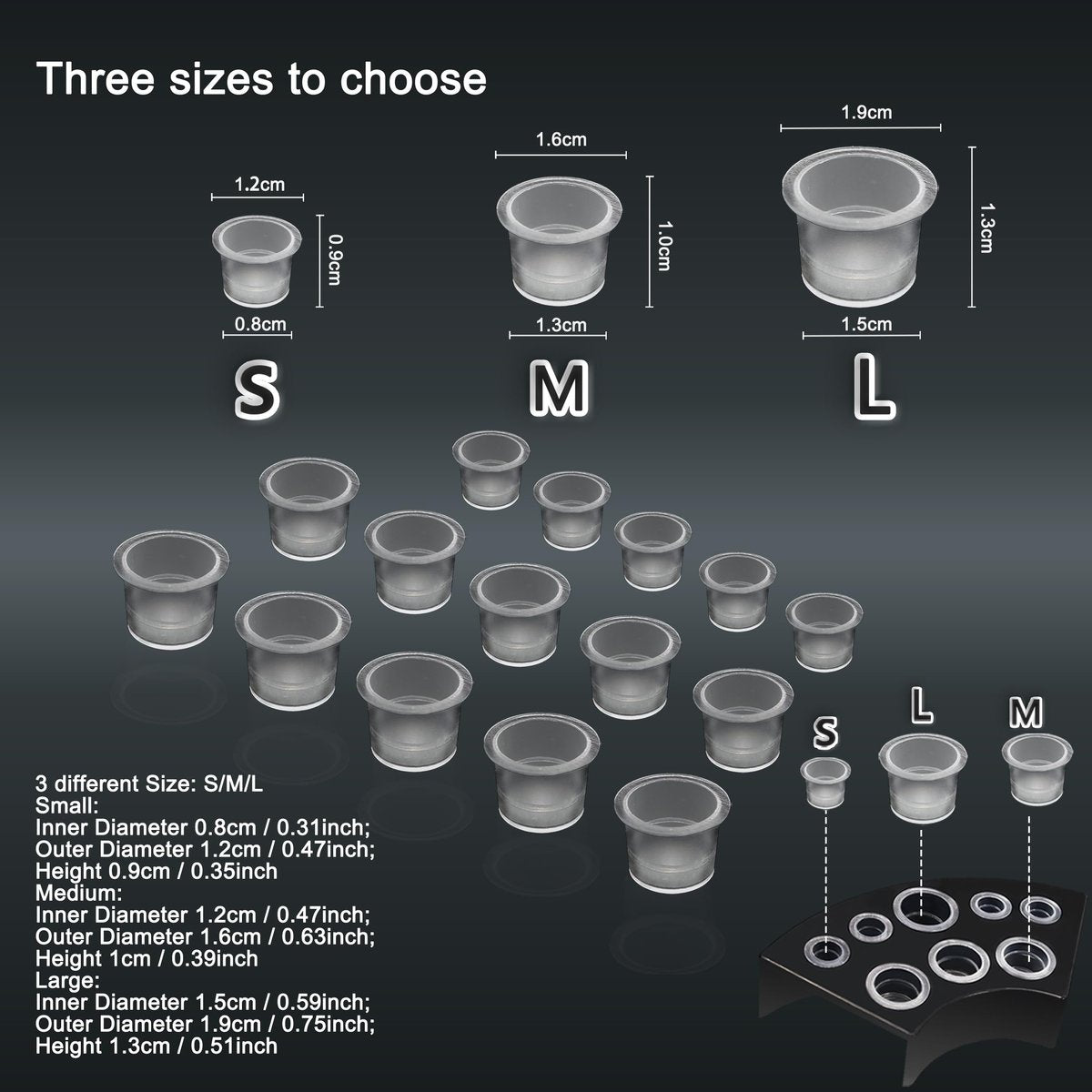 VryaSang 302pcs Tattoo Ink Caps Kit - 100 Small, 100 Medium, 100 Large Ink Cups + 2 Black Cup Holders for Permanent Makeup Container, Tattoo Accessory Supplies - görsel 9