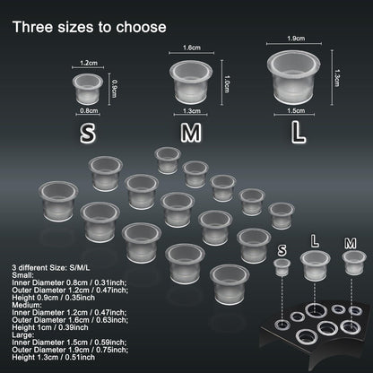 VryaSang 302pcs Tattoo Ink Caps Kit - 100 Small, 100 Medium, 100 Large Ink Cups + 2 Black Cup Holders for Permanent Makeup Container, Tattoo Accessory Supplies