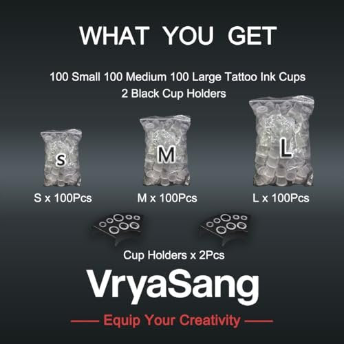 VryaSang 302pcs Tattoo Ink Caps Kit - 100 Small, 100 Medium, 100 Large Ink Cups + 2 Black Cup Holders for Permanent Makeup Container, Tattoo Accessory Supplies - görsel 6