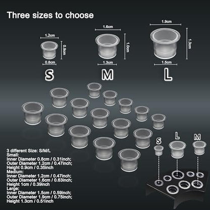 VryaSang 302pcs Tattoo Ink Caps Kit - 100 Small, 100 Medium, 100 Large Ink Cups + 2 Black Cup Holders for Permanent Makeup Container, Tattoo Accessory Supplies