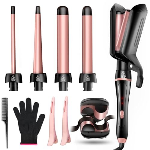 5 in 1 Curling Iron Set - Interchangeable Ceramic Barrels for Waves, Curls & Blowout, Fast Heating, Travel & Home Use (Black, 0.35"-1.25") Avelisse