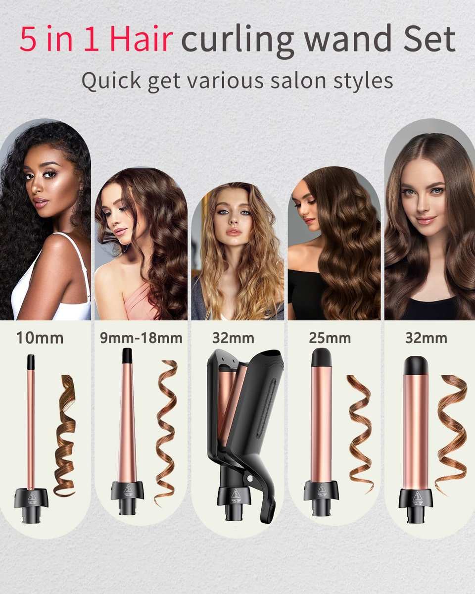 5 in 1 Curling Iron Set - Interchangeable Ceramic Barrels for Waves, Curls & Blowout, Fast Heating, Travel & Home Use (Black, 0.35"-1.25") Avelisse