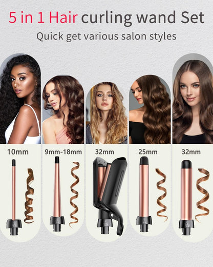 5 in 1 Curling Iron Set - Interchangeable Ceramic Barrels for Waves, Curls & Blowout, Fast Heating, Travel & Home Use (Black, 0.35"-1.25") Avelisse