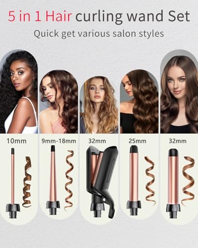 5 in 1 Curling Iron Set - Interchangeable Ceramic Barrels for Waves, Curls & Blowout, Fast Heating, Travel & Home Use (Black, 0.35"-1.25") Avelisse