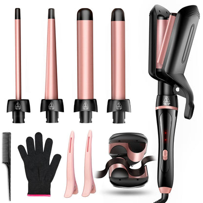 5 in 1 Curling Iron Set - Interchangeable Ceramic Barrels for Waves, Curls & Blowout, Fast Heating, Travel & Home Use (Black, 0.35"-1.25") Avelisse