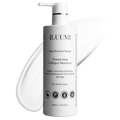 ILUUMI Maca Essence Repair Premium Hair Shampoo – Collagen Repair, Strengthens & Nourishes All Hair Types, Paraben-Free, Sulfate-Free, Colour-Safe, 16.9 fl oz