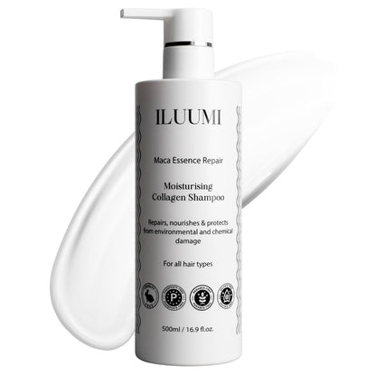 ILUUMI Maca Essence Repair Premium Hair Shampoo – Collagen Repair, Strengthens & Nourishes All Hair Types, Paraben-Free, Sulfate-Free, Colour-Safe, 16.9 fl oz