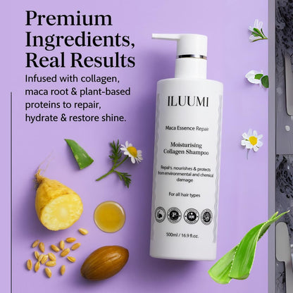 ILUUMI Maca Essence Repair Premium Hair Shampoo – Collagen Repair, Strengthens & Nourishes All Hair Types, Paraben-Free, Sulfate-Free, Colour-Safe, 16.9 fl oz