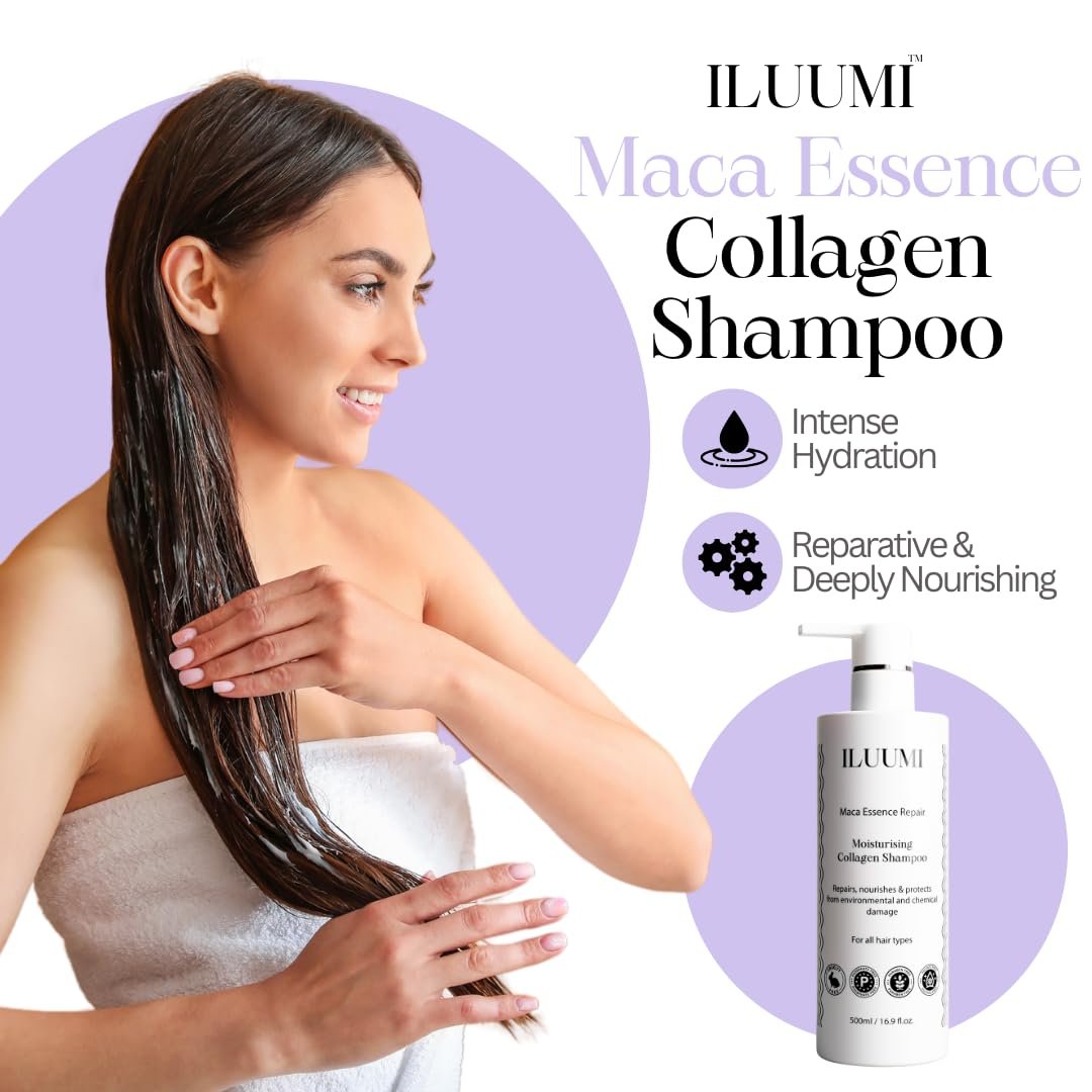 ILUUMI Maca Essence Repair Premium Hair Shampoo – Collagen Repair, Strengthens & Nourishes All Hair Types, Paraben-Free, Sulfate-Free, Colour-Safe, 16.9 fl oz - görsel 3