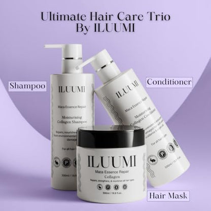 ILUUMI Maca Essence Repair Premium Hair Shampoo – Collagen Repair, Strengthens & Nourishes All Hair Types, Paraben-Free, Sulfate-Free, Colour-Safe, 16.9 fl oz