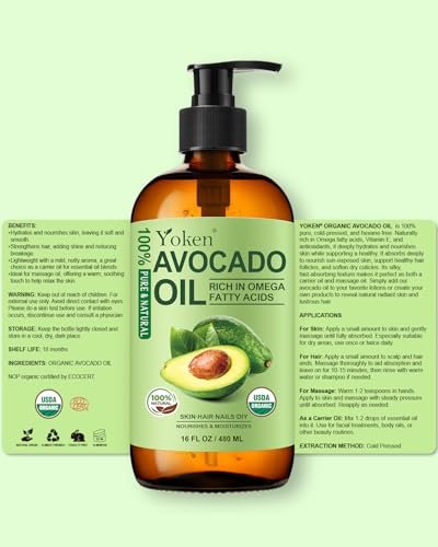 Organic Avocado Oil Cold Pressed 16oz Glass Bottle - Moisturizing Unscented Body Oil for Dry Scalp, Hair & Skin Hydrating, Non Greasy Carrier Oil for Essential Oils Mixing Avelisse