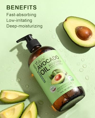 Organic Avocado Oil Cold Pressed 16oz Glass Bottle - Moisturizing Unscented Body Oil for Dry Scalp, Hair & Skin Hydrating, Non Greasy Carrier Oil for Essential Oils Mixing Avelisse