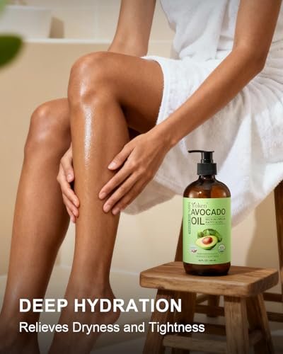 Organic Avocado Oil Cold Pressed 16oz Glass Bottle - Moisturizing Unscented Body Oil for Dry Scalp, Hair & Skin Hydrating, Non Greasy Carrier Oil for Essential Oils Mixing Avelisse
