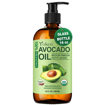 Organic Avocado Oil Cold Pressed 16oz Glass Bottle - Moisturizing Unscented Body Oil for Dry Scalp, Hair & Skin Hydrating, Non Greasy Carrier Oil for Essential Oils Mixing Avelisse