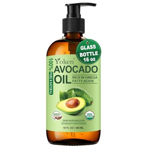 Organic Avocado Oil Cold Pressed 16oz Glass Bottle - Moisturizing Unscented Body Oil for Dry Scalp, Hair & Skin Hydrating, Non Greasy Carrier Oil for Essential Oils Mixing Avelisse